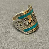 Gilbert Begay, Navajo Silver Overlay Storyteller Ring with Turquoise Inlay - size 10    (6/66)