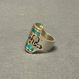 Gilbert Begay, Navajo Silver Overlay Storyteller Ring with Turquoise Inlay - size 10    (6/66)