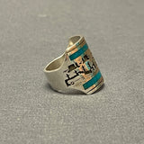 Gilbert Begay, Navajo Silver Overlay Storyteller Ring with Turquoise Inlay - size 10    (6/66)