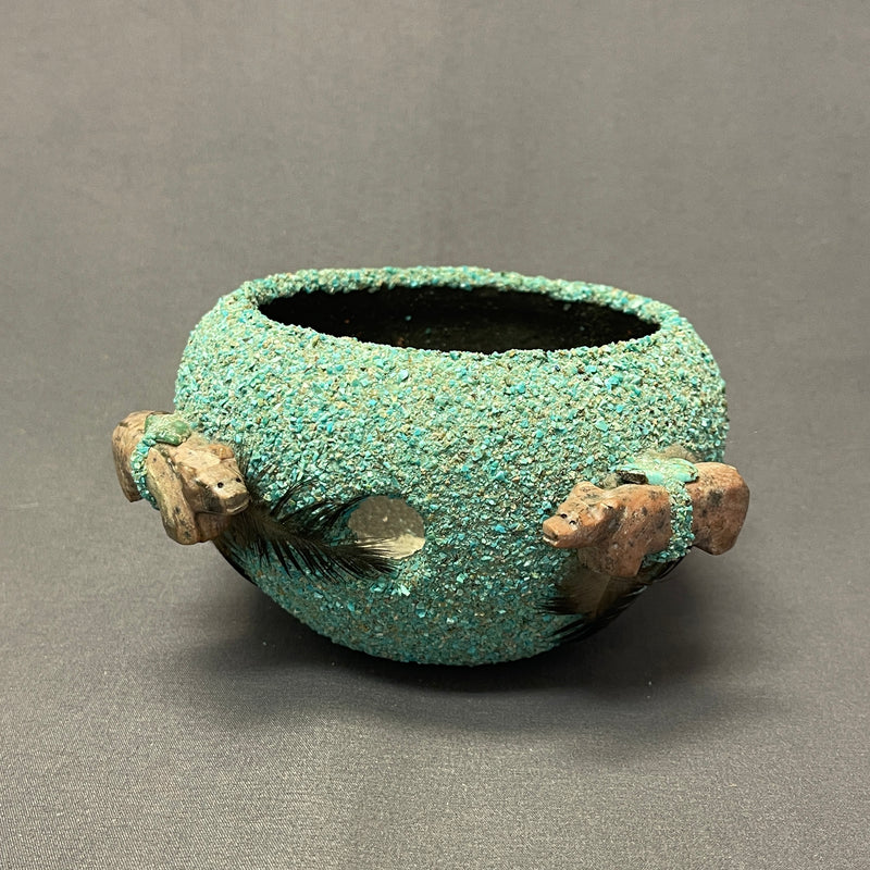 Zuni Ceremonial Fetish Bowl with Alabaster Bears and Turquoise Chips, authentic Native American   (WHC49)