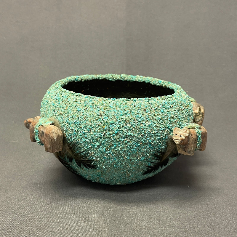 Zuni Ceremonial Fetish Bowl with Alabaster Bears and Turquoise Chips, authentic Native American   (WHC49)