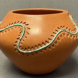 Caroline Carpio, Isleta Pueblo Polished Clay Pot with Inset Turquoise Heishi Strand, authentic Native American   (WHC47)