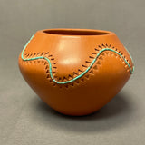 Caroline Carpio, Isleta Pueblo Polished Clay Pot with Inset Turquoise Heishi Strand, authentic Native American   (WHC47)