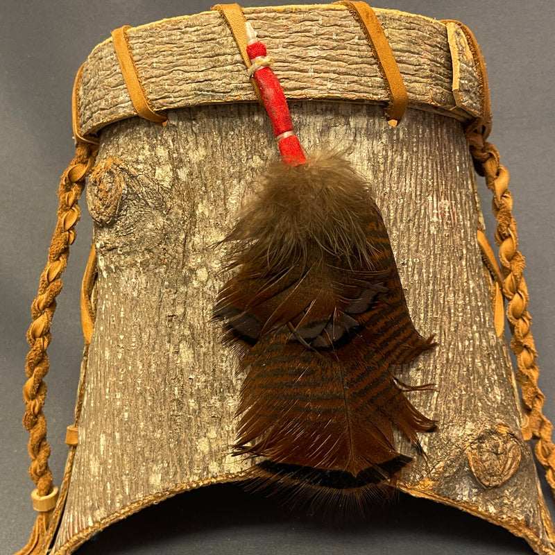Nolberto Gillespie, Echota Cherokee Tulip Poplar Bark Wall-Hanging Basket with Feathers, vintage Native American  (WHC17)