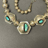 Mike Chee, Navajo Sterling Silver Beaded Necklace with Hexagonal Shadowbox Pendants and Turquoise, vintage   (SP5)