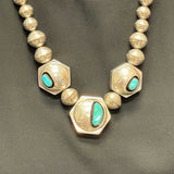 Mike Chee, Navajo Sterling Silver Beaded Necklace with Hexagonal Shadowbox Pendants and Turquoise, vintage   (SP5)