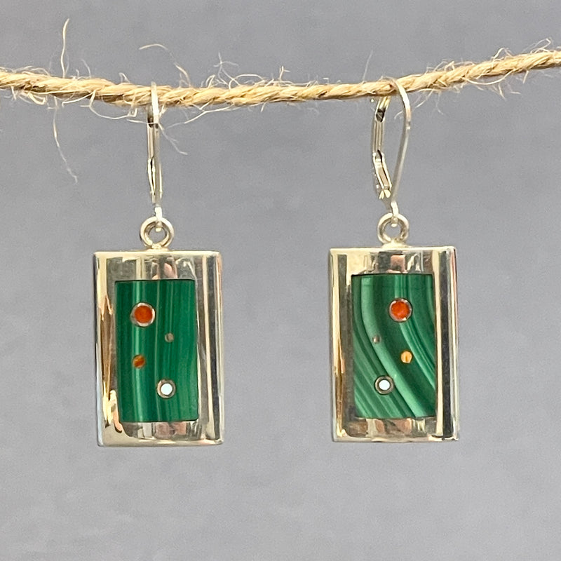 Veronica Benally, Contemporary Navajo Multi-stone Inlay Earrings with Sterling Silver and Malachite    (6/62)