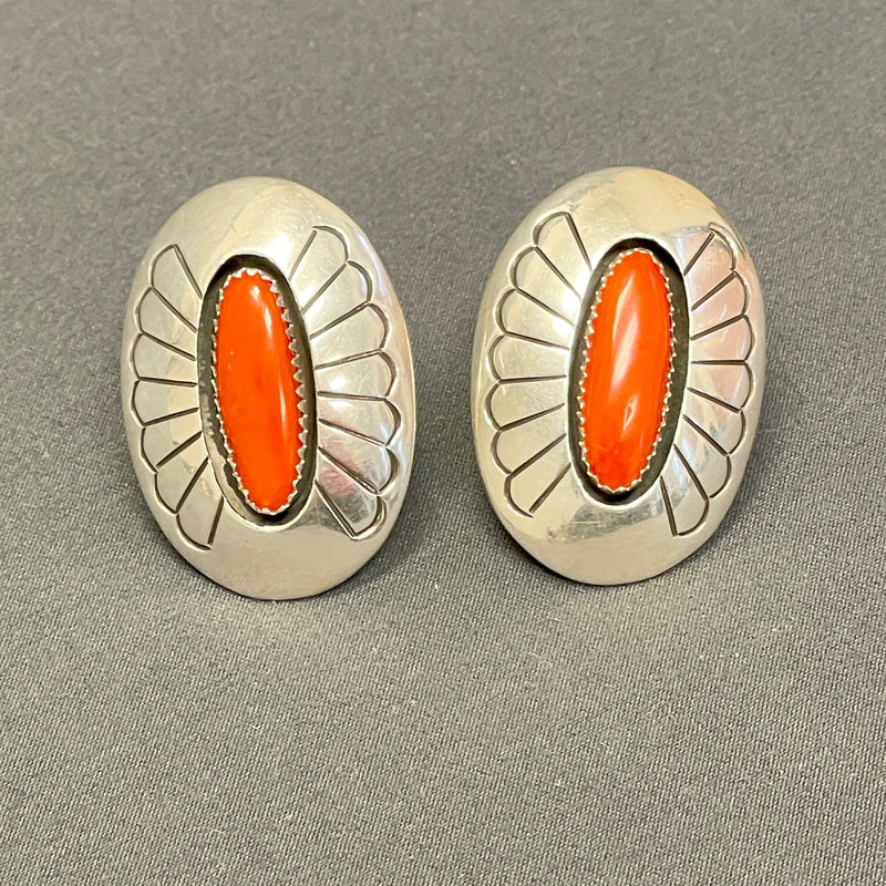 Gene and Martha Jackson, Navajo Sterling Silver Shadowbox Earrings with Coral, Clip-on    (SP108)