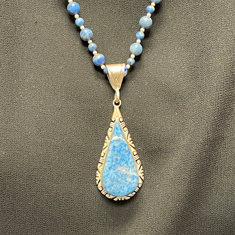 Authentic Navajo Sterling Silver and Denim Lapis Pendant on Denim Lapis Beaded Necklace, vintage Native American   (SP13)
