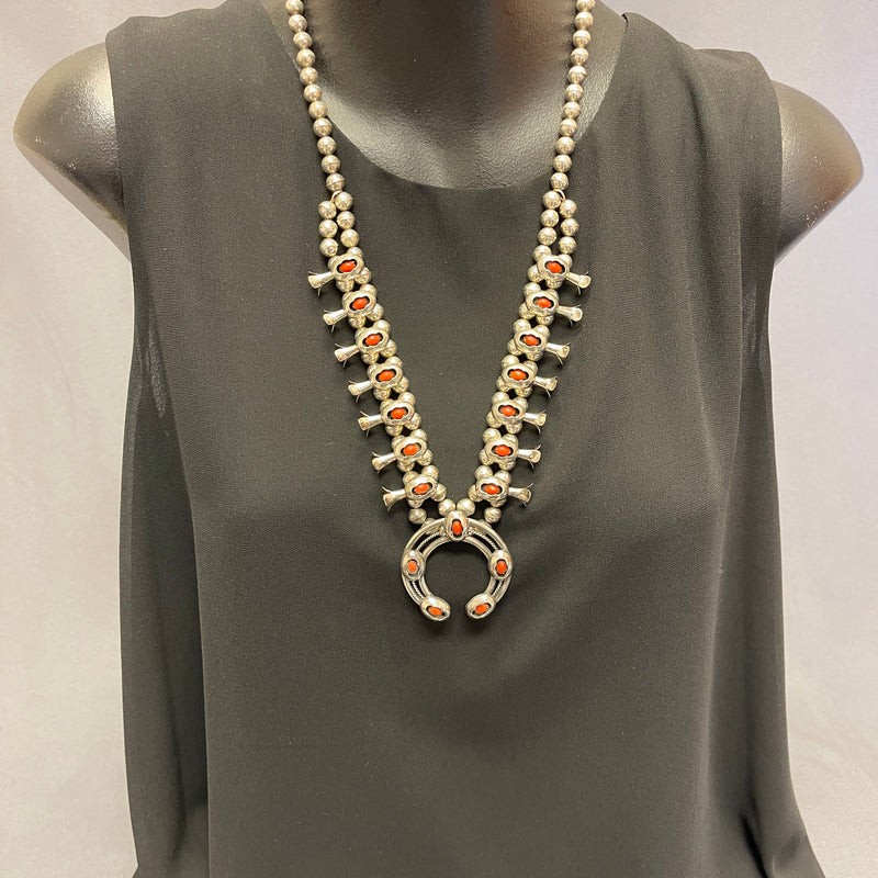 Vintage Navajo Shadowbox-Style Squash Blossom Necklace with Coral, authentic Native American   (SP4)