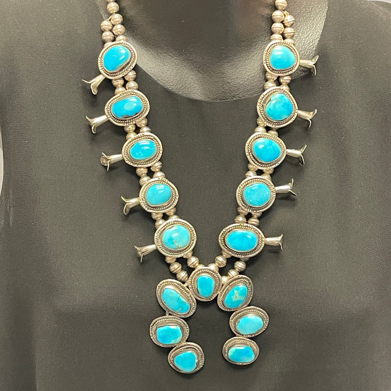 Vintage Navajo Squash Blossom Necklace with Turquoise Stones, authentic Native American  (SP2)