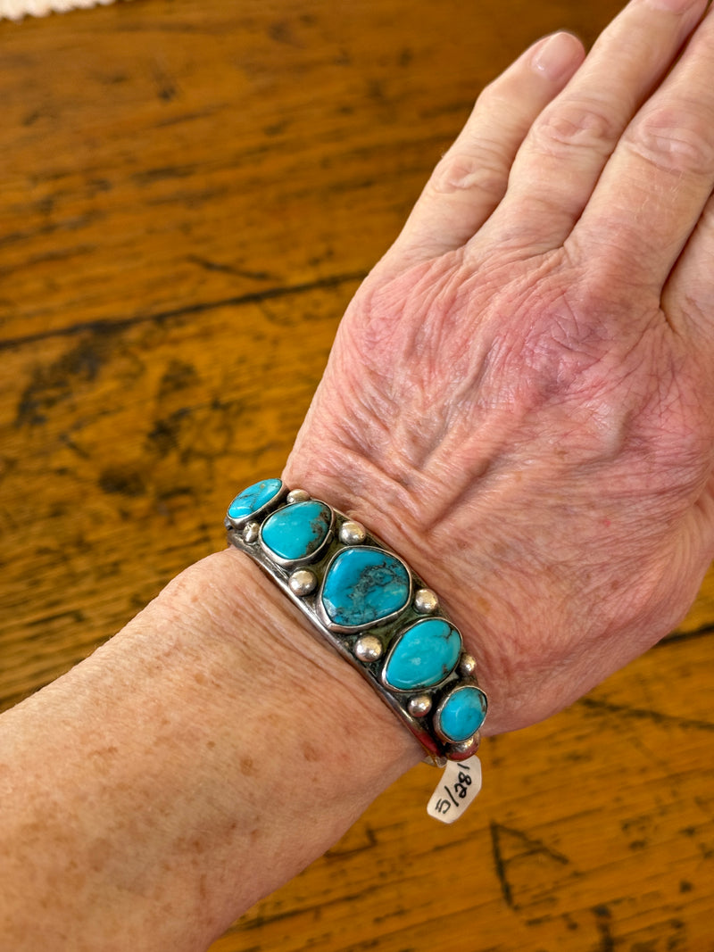 Authentic Navajo Five Stone Bracelet with Natural Turquoise, vintage (5/281)