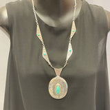 Tammy Nelson, Navajo Overlay Necklace with Maze Design and Turquoise Stones, vintage Native American   (SP8)