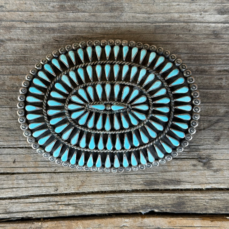 Silver and Turquoise Genuine Zuni Belt Buckle with array of teardrop-shaped stones, vintage   (AS265)