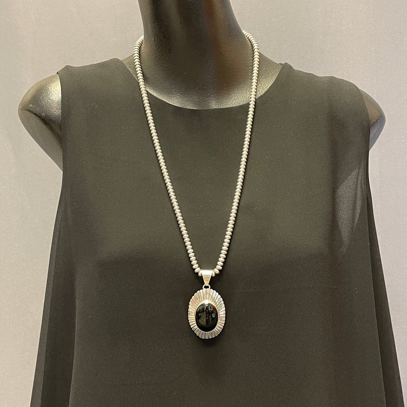 Suzie James, Navajo Sterling Silver and Onyx Pendant on Silver Beaded Necklace, vintage Native American   (SP11)