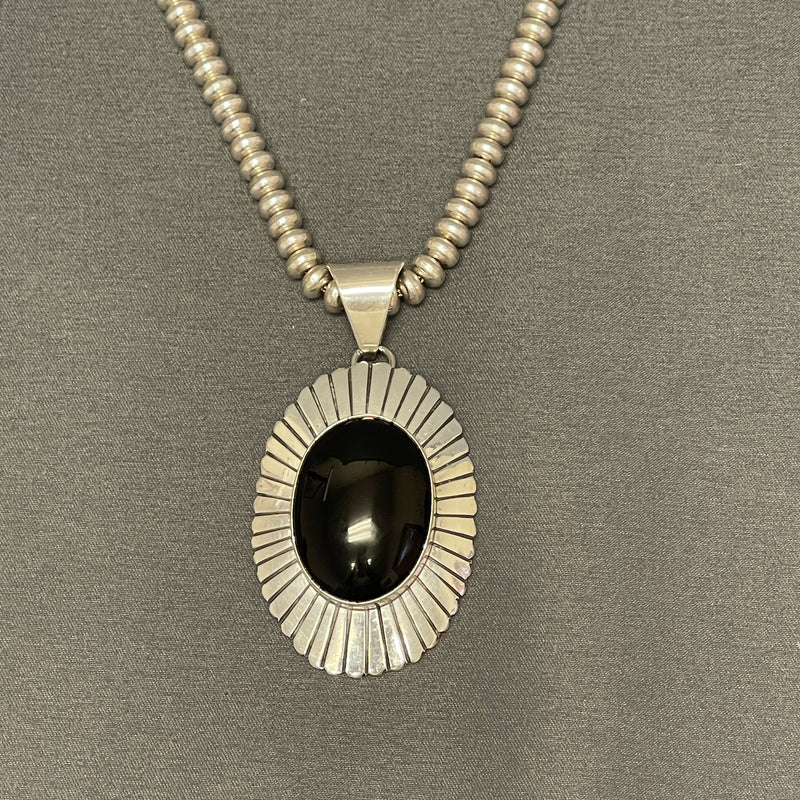 Suzie James, Navajo Sterling Silver and Onyx Pendant on Silver Beaded Necklace, vintage Native American   (SP11)