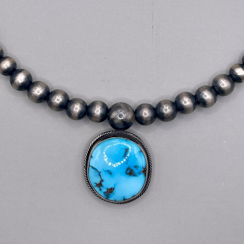 Classic Navajo sterling silver bead choker necklace with turquoise stone (3/80)