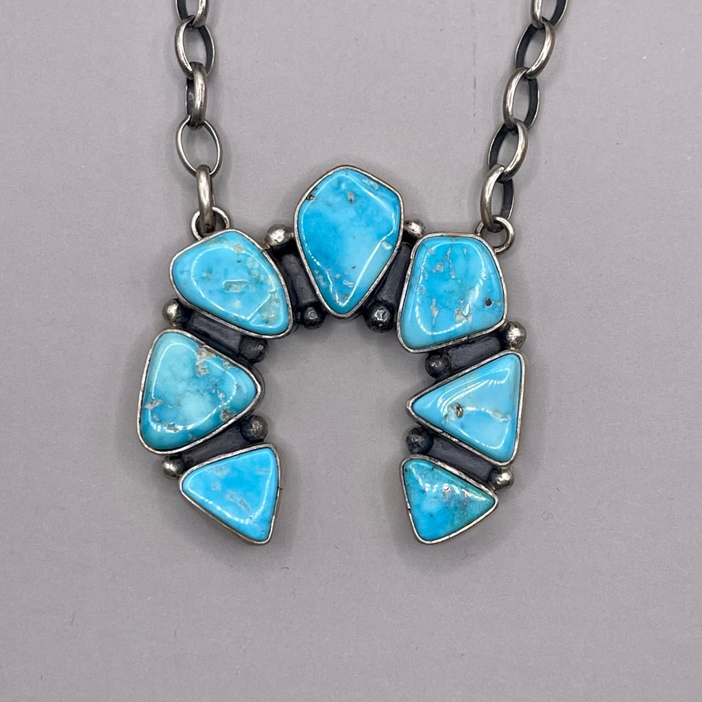 Authentic Navajo Sterling Silver-Link Chain with Kingman Turquoise Inlay Naja - T. Skeets, Navajo  (3/66)