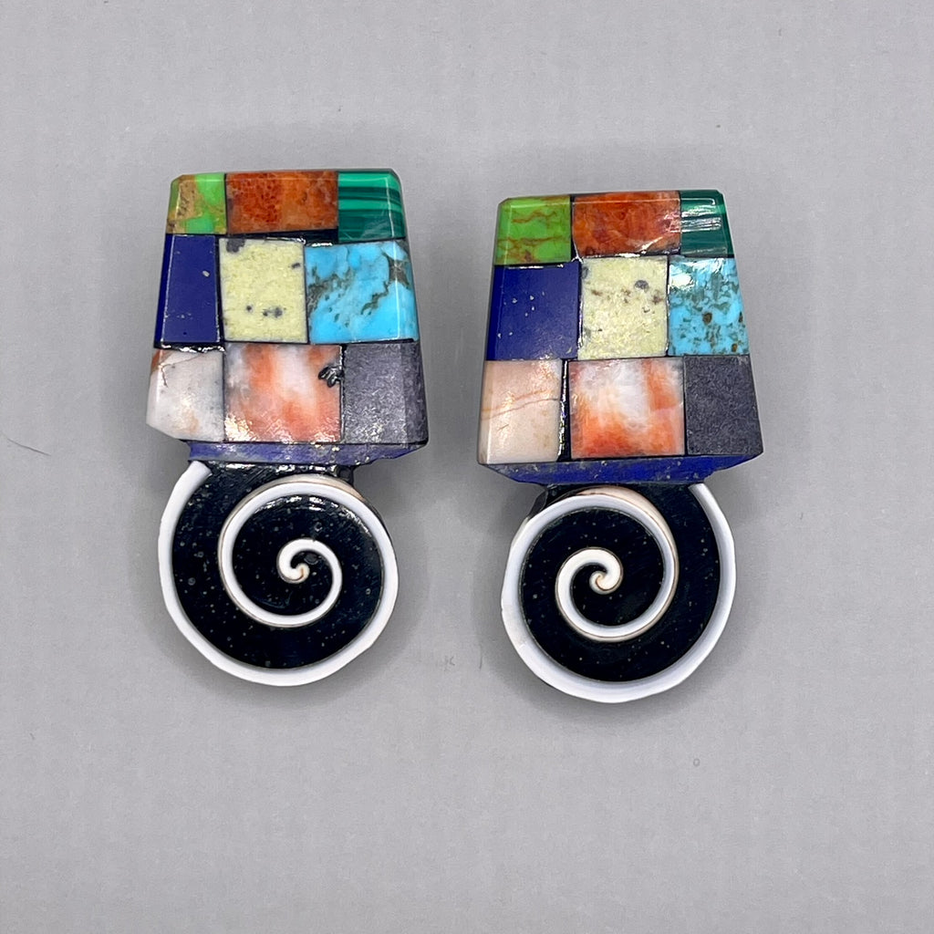 Native American Mosaic Earrings with Black Jet, Turquoise, Shell and other materials. Mary Tafoya, Kewa (Santo Domingo) Pueblo  3/168