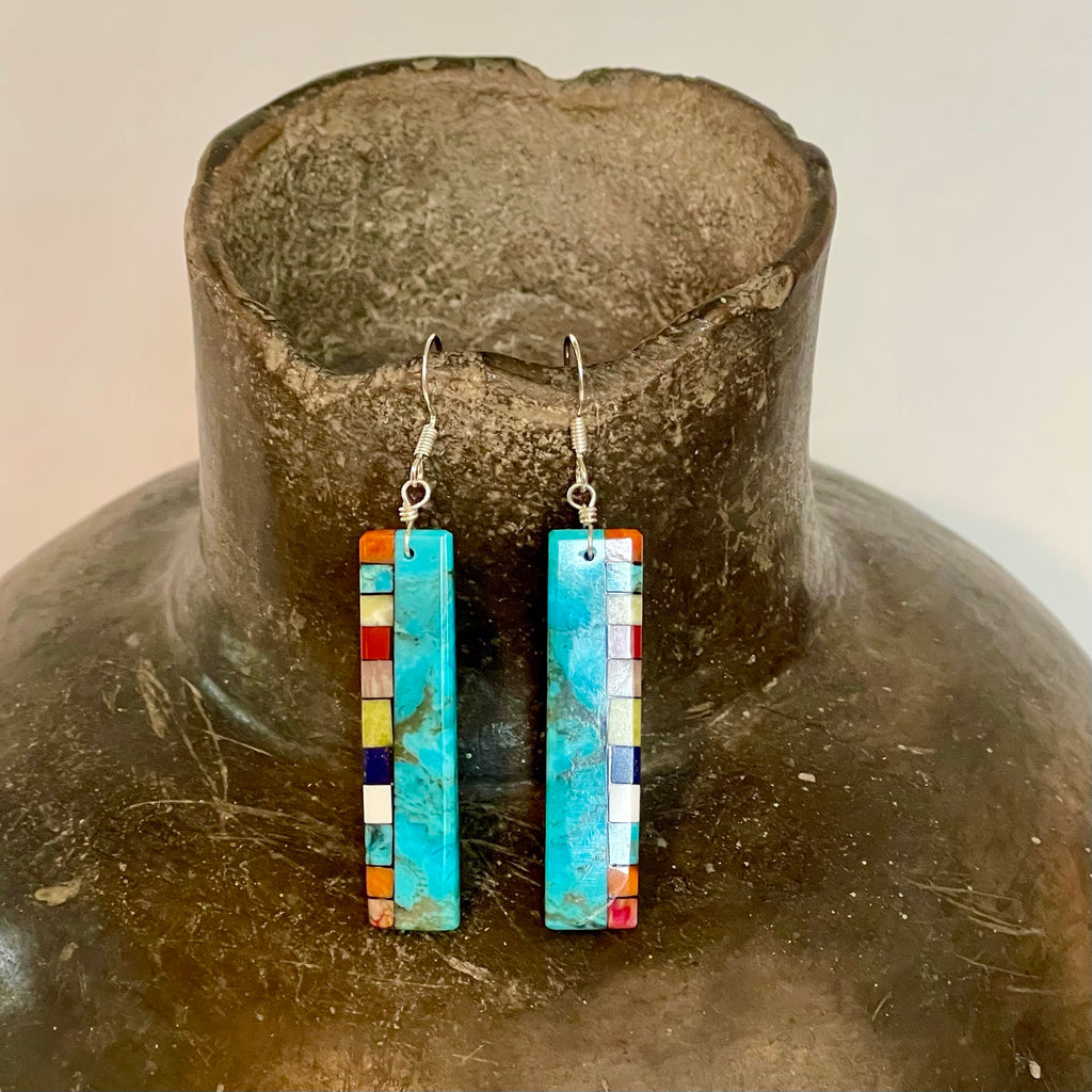 Native American Mosaic Dangle Earrings with Turquoise, Lapis, Coral and other materials. Mary Tafoya, Kewa (Santo Domingo) Pueblo  3/160