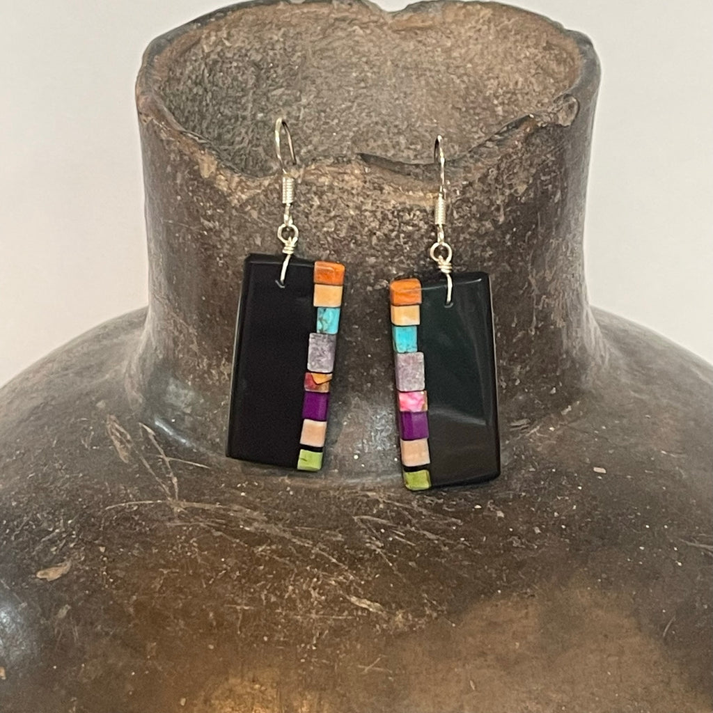 Native American Mosaic Dangle Earrings with Jet, Turquoise, Abalone and other materials. Mary Tafoya, Kewa (Santo Domingo) Pueblo  3/163