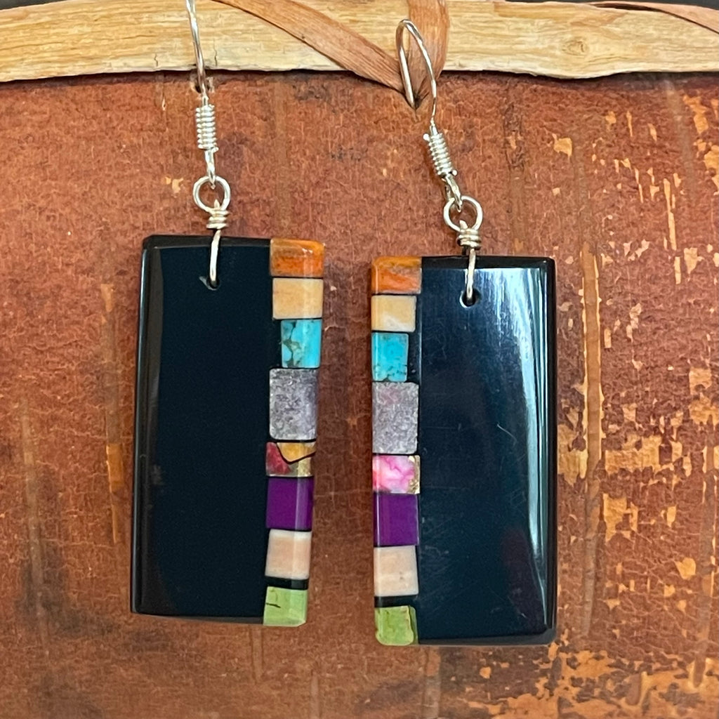 Native American Mosaic Dangle Earrings with Jet, Turquoise, Abalone and other materials. Mary Tafoya, Kewa (Santo Domingo) Pueblo  3/163
