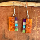 Native American Mosaic Dangle Earrings with Sponge Coral, Turquoise and other materials. Mary Tafoya, Kewa (Santo Domingo) Pueblo  3/159