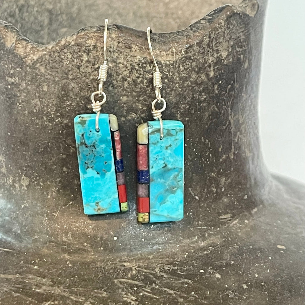 Native American Mosaic Dangle Earrings with Turquoise, Lapis, Coral and other materials. Mary Tafoya, Kewa (Santo Domingo) Pueblo  3/158