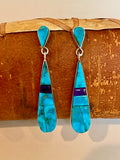 Native American Inlay Dangle Earrings with Morenci Turquoise and Sugilite - artist: Michael Garcia aka Na Na Ping, Pascua Yaqui (3/169)