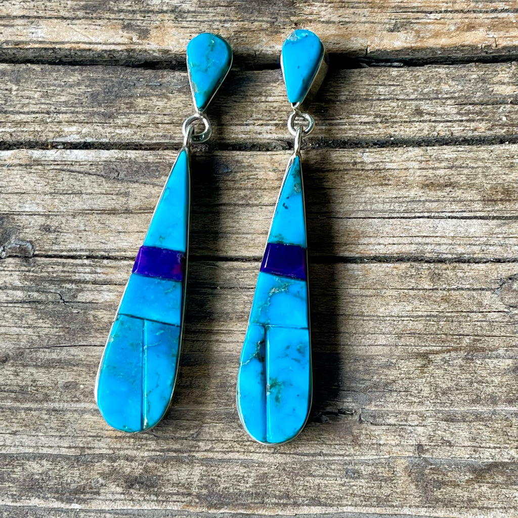 Native American Inlay Dangle Earrings with Morenci Turquoise and Sugilite - artist: Michael Garcia aka Na Na Ping, Pascua Yaqui (3/169)