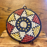 Vintage Hopi Coiled Plaque Basket with Red and Yellow Star Design by Daisy Dennis ca. 1980s  (SSB19)