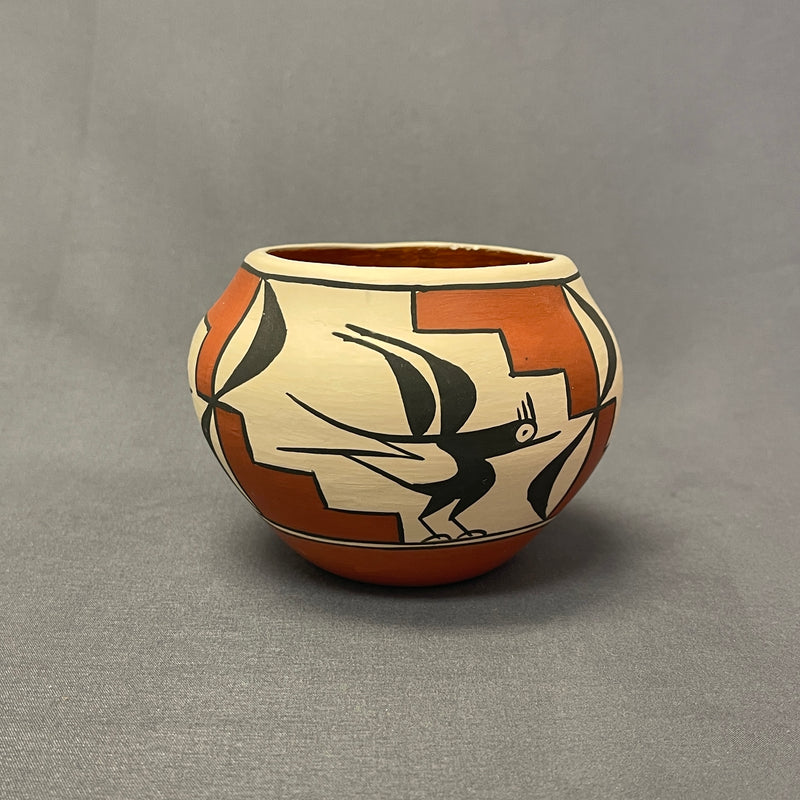 Mary Shije, Zia Pueblo Vintage Wide Mouth Painted Clay Pot with Roadrunner Design  (SSC108)