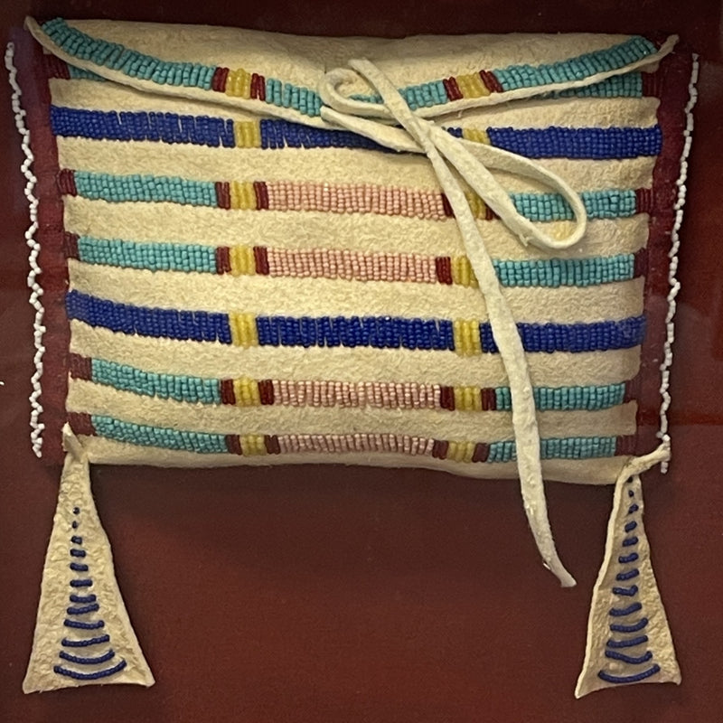 Miniature Handmade Crow Beaded Saddle Bag in Shadowbox Frame, ca. 1990s    (SSC75)