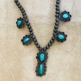 Classic Navajo sterling silver bead choker necklace with flower designs and turquoise stones (KD16)