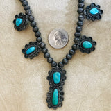 Classic Navajo sterling silver bead choker necklace with flower designs and turquoise stones (KD16)