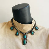 Classic Navajo sterling silver bead choker necklace with flower designs and turquoise stones (KD16)