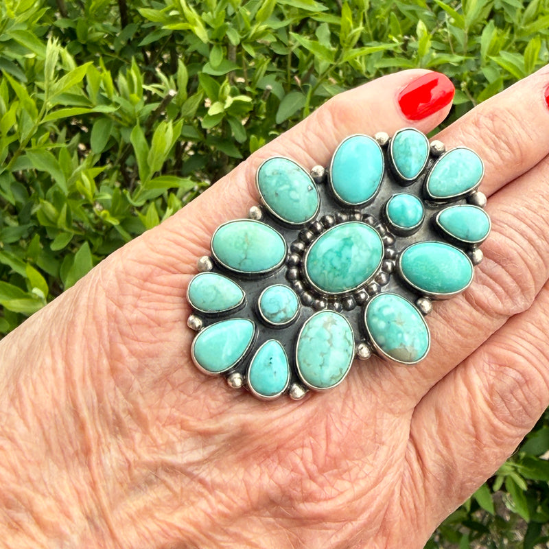 Annie Hoskie, Navajo Sonoran Turquoise Cluster Ring, authentic Native American - Size 10 1/4   (3/105)