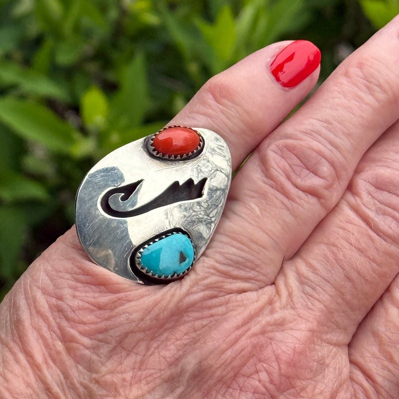 Authentic Vintage Navajo Overlay Ring with Turquoise and Coral - size 6 3/4   (1/501)