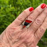 Pete Sanchez, Isleta Pueblo, Contemporary Flush Inlay Ring with Coral and Jet, Size 9 1/4    (5/9)