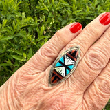 Zuni Inlay Sterling Silver Ring with Jet, Turquoise, Coral, and Mother of Pearl - size 7 1/4   (2/104)