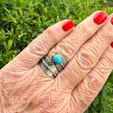 Authentic Navajo Silver Feather Wrap Ring with Turquoise Stone from Running Bear Shop - Size 8 1/2   (5/131)