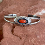 Traditional Navajo Shadowbox Design Sterling Silver and Red Coral Cuff Bracelet, vintage  (BH43)