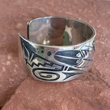 Authentic Sterling Silver Hopi Overlay Cuff Bracelet with feather and cloud designs, vintage  (BH45)