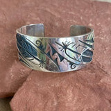 Authentic Sterling Silver Hopi Overlay Cuff Bracelet with feather and cloud designs, vintage  (BH45)