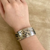 Authentic Sterling Silver Hopi Overlay Cuff Bracelet with feather and cloud designs, vintage  (BH45)