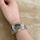 Authentic Sterling Silver Hopi Overlay Cuff Bracelet with feather and cloud designs, vintage  (BH45)