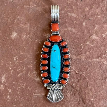 Navajo Cluster Pendant with Turquoise and Red Coral Stones, vintage  (BH47)
