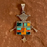 Ray Tracey Signature Piece, Navajo Inlay Yei Figure Pendant with Varying Colors of Turquoise and Spiny Oyster, vintage  (BH57)