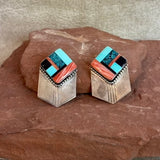 Authentic Navajo Sterling Silver Chevron Earrings with Multi-stone Flush Inlay  (BH93)