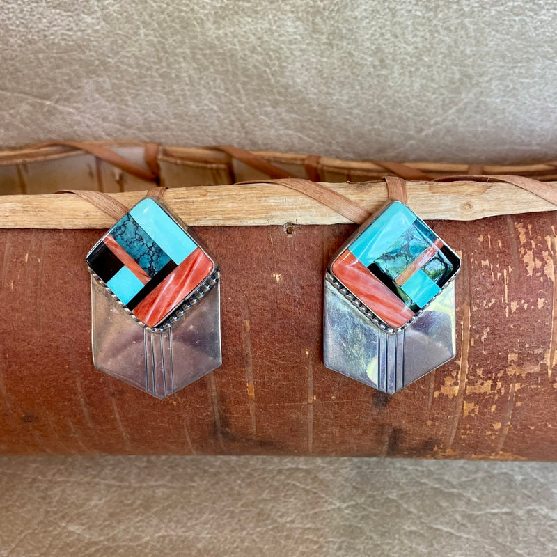 Authentic Navajo Sterling Silver Chevron Earrings with Multi-stone Flush Inlay  (BH93)